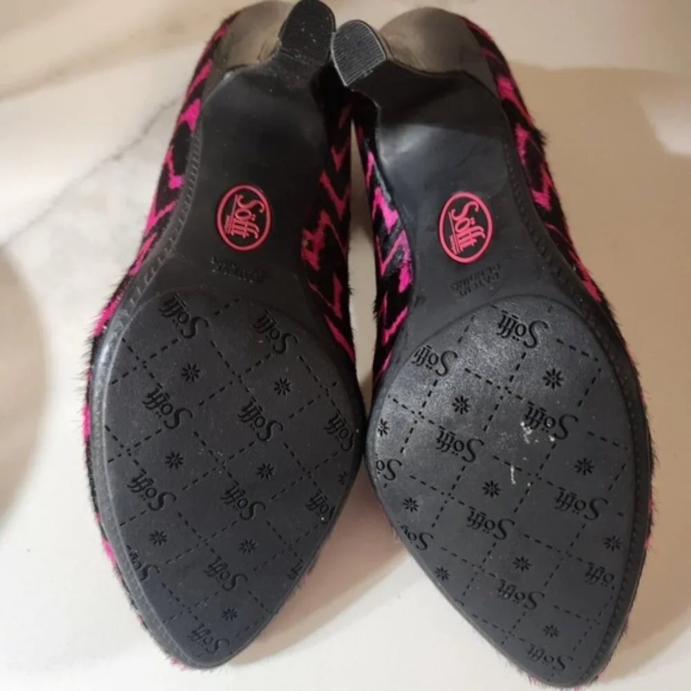 Sofft‎ Pink Black Chevron Calf Hair Pointed Toe Pumps Stiletto Heels